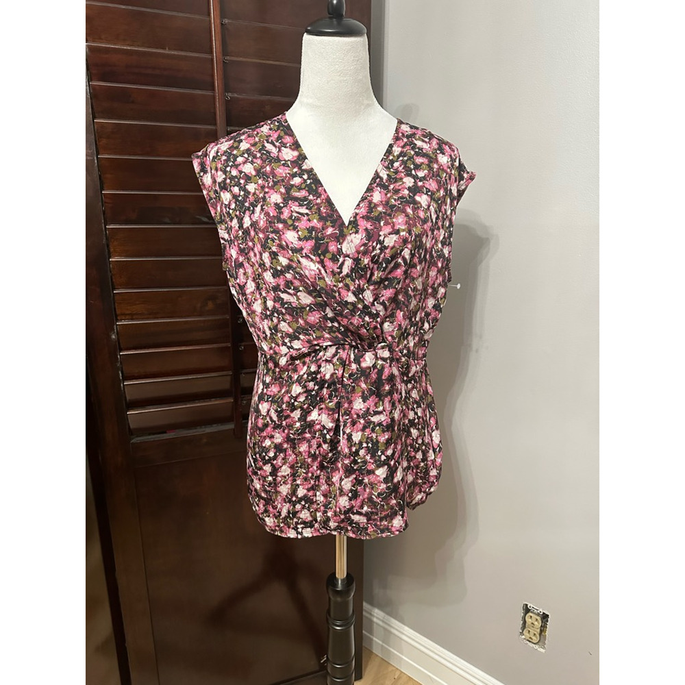 Halogen Womens Blouse Multicolor Floral Cap Sleeve Surplice Side Zipper M New